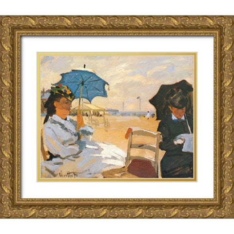 The Beach At Trouville 1870 Gold Ornate Wood Framed Art Print with Double Matting by Monet, Claude