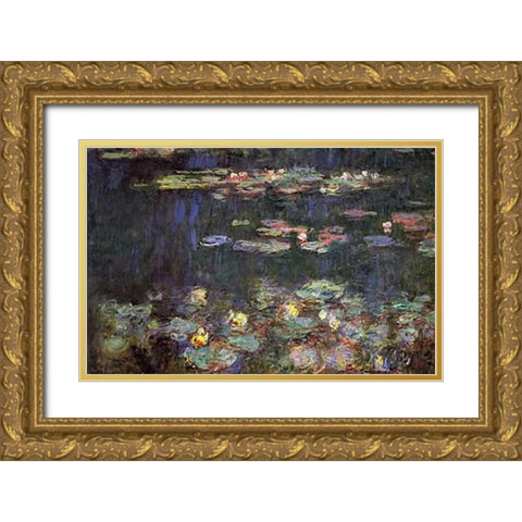 Water Lilies Green Reflections Gold Ornate Wood Framed Art Print with Double Matting by Monet, Claude