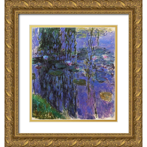 Willow Fronds And Nympheas Gold Ornate Wood Framed Art Print with Double Matting by Monet, Claude