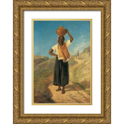 Woman Carrying A Pitcher On Her Head St Thomas 1854 Gold Ornate Wood Framed Art Print with Double Matting by Pissarro, Camille
