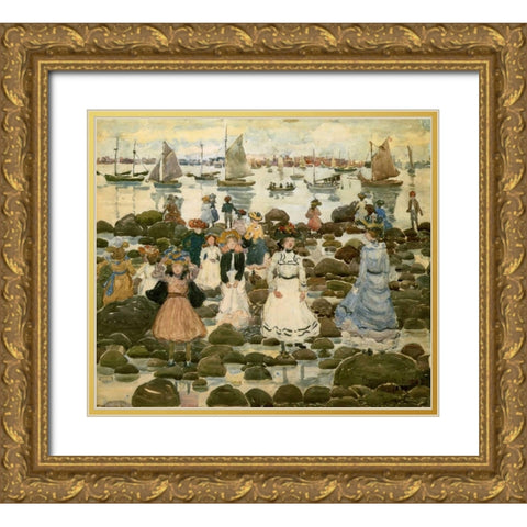 Low Tide Beachmont Gold Ornate Wood Framed Art Print with Double Matting by Prendergast, Maurice Brazil