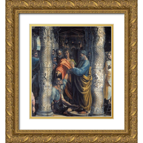 Healing Of The Lame Man (detail) Gold Ornate Wood Framed Art Print with Double Matting by Raphael