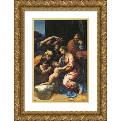 Holy Family With Sts Elizabeth And John And Two Angels Gold Ornate Wood Framed Art Print with Double Matting by Raphael