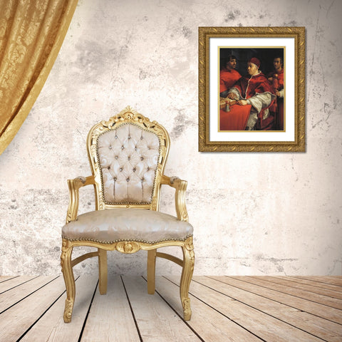 Leo X With Cardinals De Medici And De Rossi Gold Ornate Wood Framed Art Print with Double Matting by Raphael