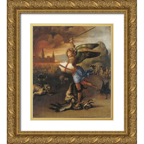 St Michael And The Devil Gold Ornate Wood Framed Art Print with Double Matting by Raphael