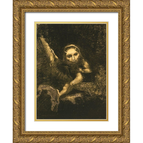 Caliban On A Branch Gold Ornate Wood Framed Art Print with Double Matting by Redon, Odilon
