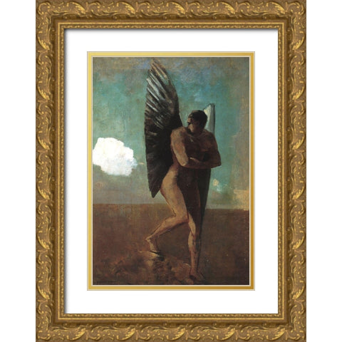 Fallen Angel Looking At A Cloud Gold Ornate Wood Framed Art Print with Double Matting by Redon, Odilon
