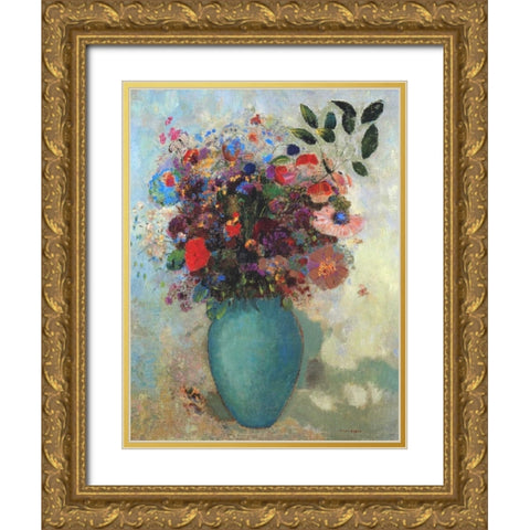 Flowers In A Turquoise Vase Gold Ornate Wood Framed Art Print with Double Matting by Redon, Odilion