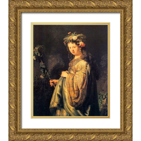 Saskia As Flora Version 2 Gold Ornate Wood Framed Art Print with Double Matting by Van Rijn, Rembrandt