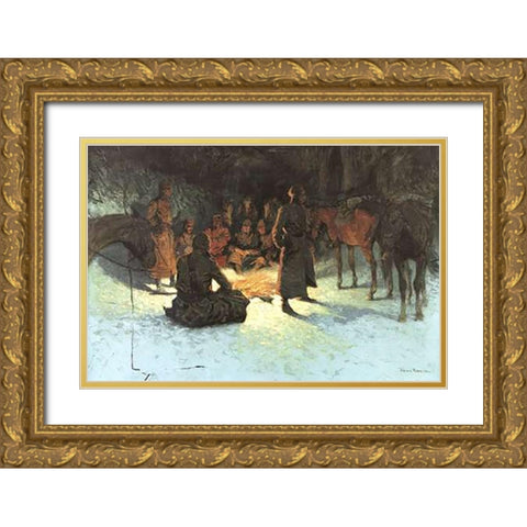 A Halt In The Wilderness Gold Ornate Wood Framed Art Print with Double Matting by Remington, Frederic