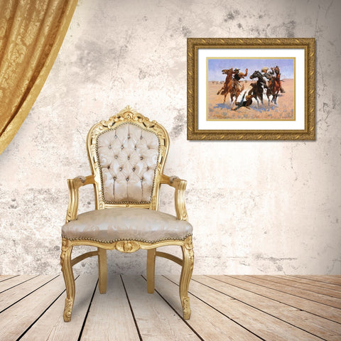 Aiding A Comrade Gold Ornate Wood Framed Art Print with Double Matting by Remington, Frederic