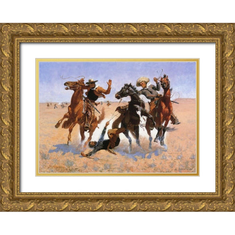 Aiding A Comrade Gold Ornate Wood Framed Art Print with Double Matting by Remington, Frederic
