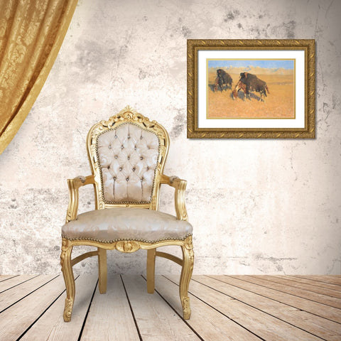 Indians Simulating Buffalo Gold Ornate Wood Framed Art Print with Double Matting by Remington, Frederic