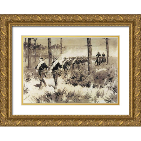 US Troops Practicing Marching In The Palmetto Gold Ornate Wood Framed Art Print with Double Matting by Remington, Frederic