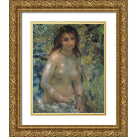 Nude In The Sunlight Gold Ornate Wood Framed Art Print with Double Matting by Renoir, Pierre-Auguste