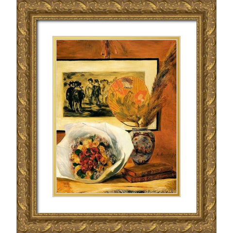 Still Life With Bouquet Gold Ornate Wood Framed Art Print with Double Matting by Renoir, Pierre-Auguste