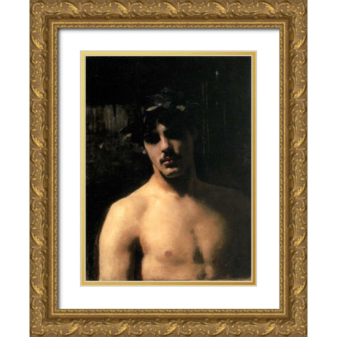 A Male Model with a Wreath of Laurel Gold Ornate Wood Framed Art Print with Double Matting by Sargent, John Singer