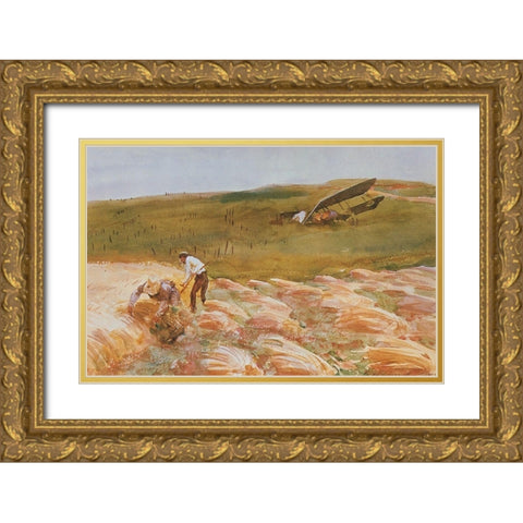 Crashed Aeroplane 1918 Gold Ornate Wood Framed Art Print with Double Matting by Sargent, John Singer