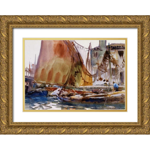 Drying Sails, 1902-04 Gold Ornate Wood Framed Art Print with Double Matting by Sargent, John Singer