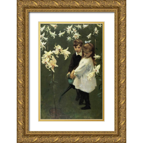 Garden Study of the Vickars Children 1884 Gold Ornate Wood Framed Art Print with Double Matting by Sargent, John Singer