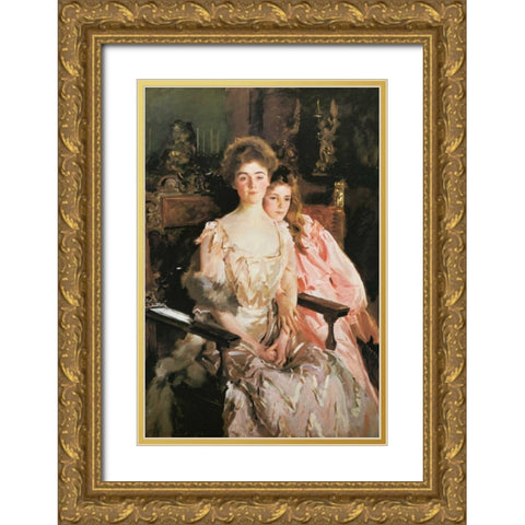 Mrs Fiske Warren and Daughter Rachel Gold Ornate Wood Framed Art Print with Double Matting by Sargent, John Singer