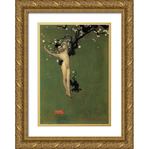 Nude Oriental Youth with Apple Blossom, 1878-79 Gold Ornate Wood Framed Art Print with Double Matting by Sargent, John Singer