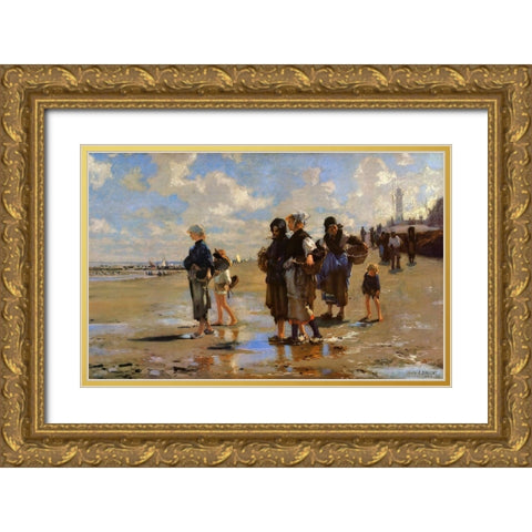 The Oyster Gatherers of Cancale Gold Ornate Wood Framed Art Print with Double Matting by Sargent, John Singer