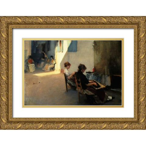 The Venetian Bead Stringers, c. 1880-82 Gold Ornate Wood Framed Art Print with Double Matting by Sargent, John Singer
