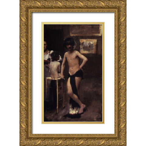 Two Nude Boys and a Woman in a Studio Interior, 1878-79 Gold Ornate Wood Framed Art Print with Double Matting by Sargent, John Singer