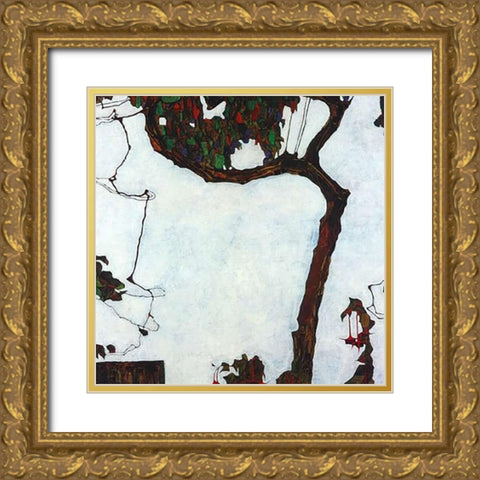 Autumn Tree With Fuchsias 1909 Gold Ornate Wood Framed Art Print with Double Matting by Schiele, Egon