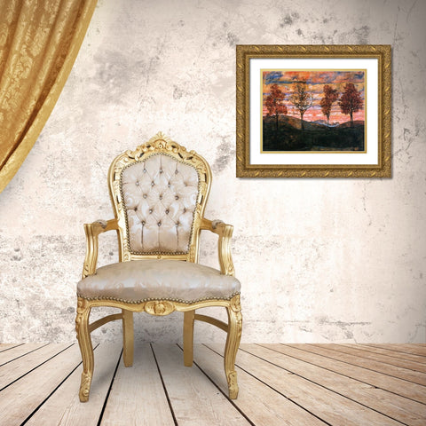 Four Trees 1917 Gold Ornate Wood Framed Art Print with Double Matting by Schiele, Egon