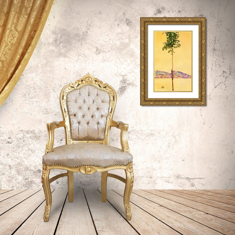 Little Tree 1912 Gold Ornate Wood Framed Art Print with Double Matting by Schiele, Egon