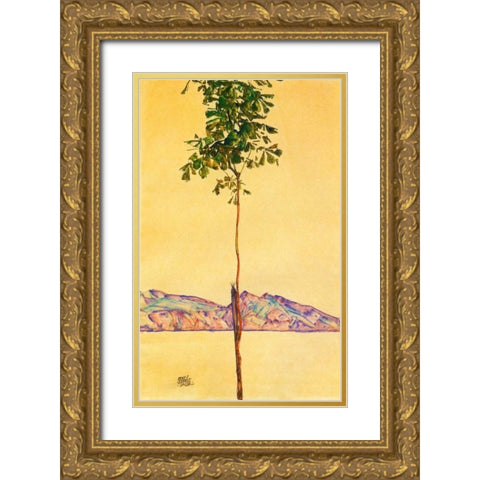Little Tree 1912 Gold Ornate Wood Framed Art Print with Double Matting by Schiele, Egon