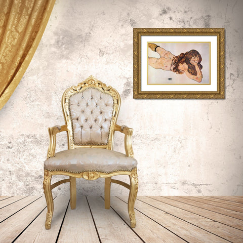 Lying Nude 1917 Gold Ornate Wood Framed Art Print with Double Matting by Schiele, Egon