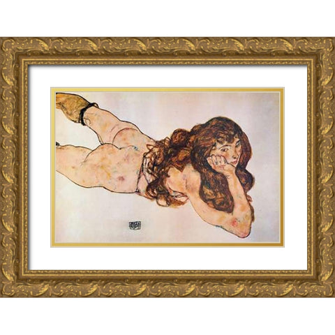 Lying Nude 1917 Gold Ornate Wood Framed Art Print with Double Matting by Schiele, Egon