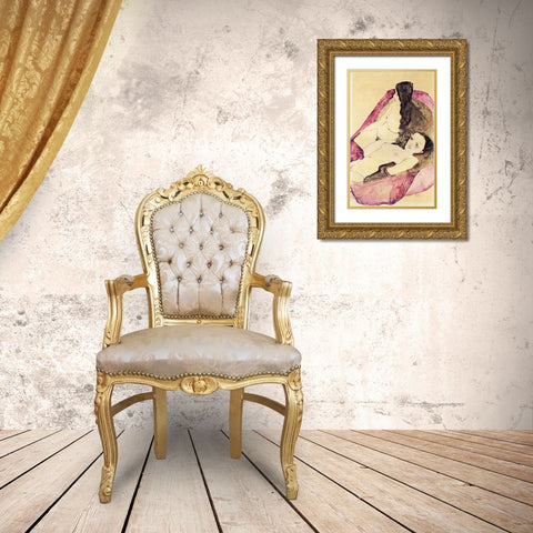 Nude Girls Reclining Gold Ornate Wood Framed Art Print with Double Matting by Schiele, Egon