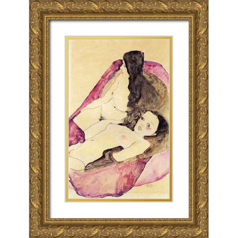 Nude Girls Reclining Gold Ornate Wood Framed Art Print with Double Matting by Schiele, Egon