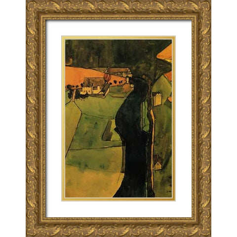 Town On The Blue River 1910 Gold Ornate Wood Framed Art Print with Double Matting by Schiele, Egon