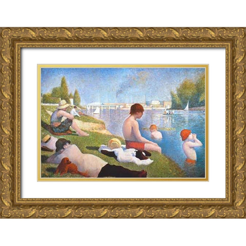 Bathing At Asnieres Gold Ornate Wood Framed Art Print with Double Matting by Seurat, Georges