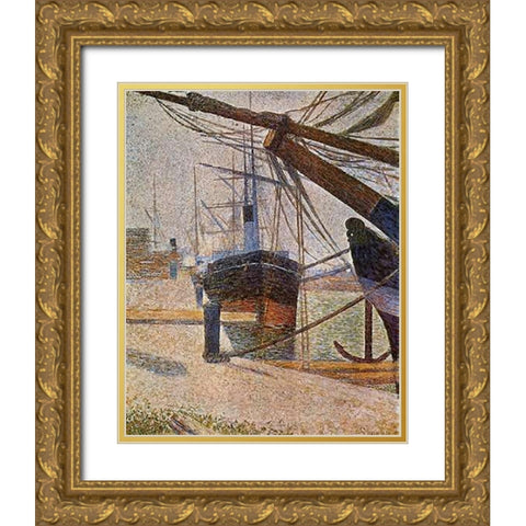 Dockside At Honfleur Gold Ornate Wood Framed Art Print with Double Matting by Seurat, Georges
