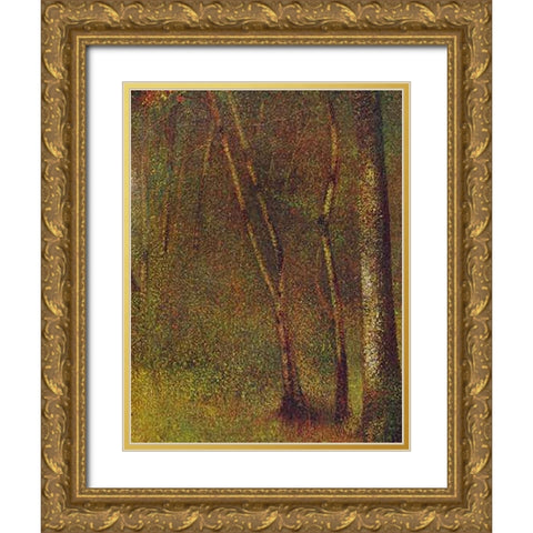 In The Woods At Pontaubert Gold Ornate Wood Framed Art Print with Double Matting by Seurat, Georges