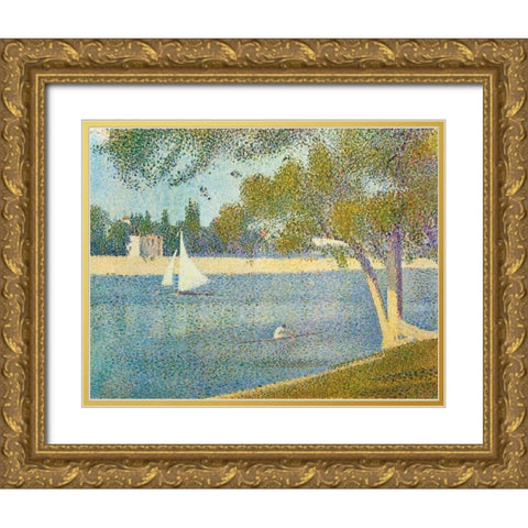 The Seine At La Grande Jatte In The Spring Gold Ornate Wood Framed Art Print with Double Matting by Seurat, Georges