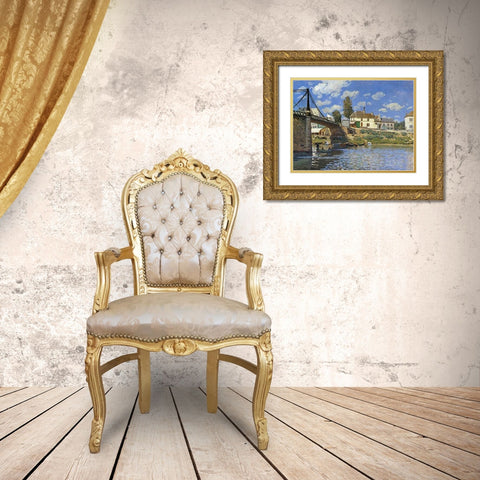 Bridge At Villeneuve La Garenne Gold Ornate Wood Framed Art Print with Double Matting by Sisley, Alfred
