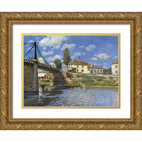 Bridge At Villeneuve La Garenne Gold Ornate Wood Framed Art Print with Double Matting by Sisley, Alfred