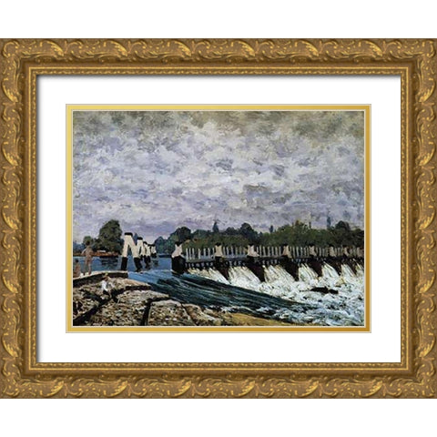 Molesey Weir Morning Gold Ornate Wood Framed Art Print with Double Matting by Sisley, Alfred