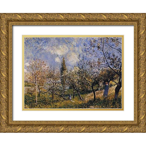 Orchard In The Spring Gold Ornate Wood Framed Art Print with Double Matting by Sisley, Alfred