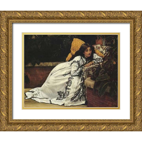 Girl In Armchair The Convalescent Gold Ornate Wood Framed Art Print with Double Matting by Tissot, James