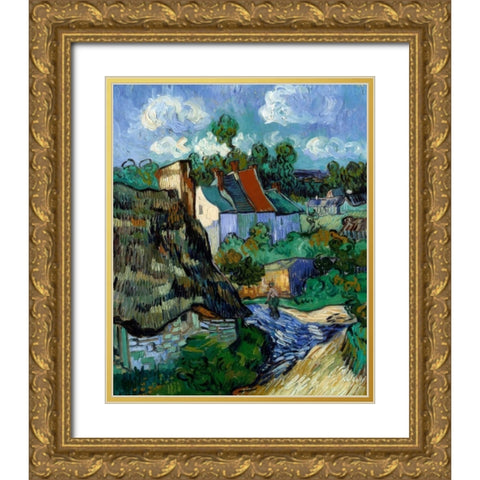 Houses At Auvers Gold Ornate Wood Framed Art Print with Double Matting by Van Gogh, Vincent