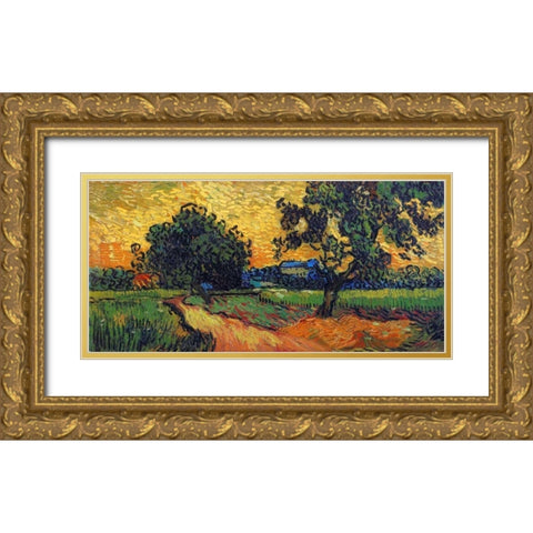 Landscape At Twilight Gold Ornate Wood Framed Art Print with Double Matting by Van Gogh, Vincent