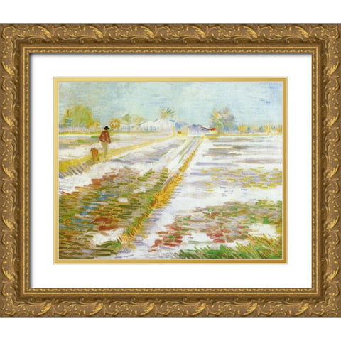 Landscape Snow Gold Ornate Wood Framed Art Print with Double Matting by Van Gogh, Vincent